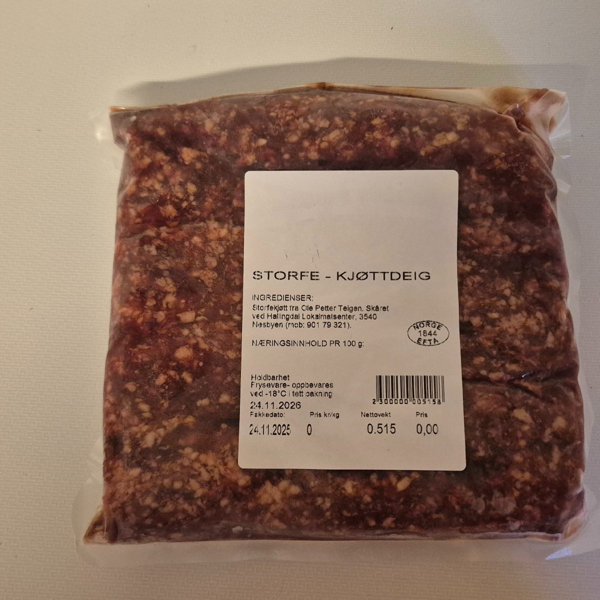 Kjøttdeig av grasfora dølafe.   ca 520 gr